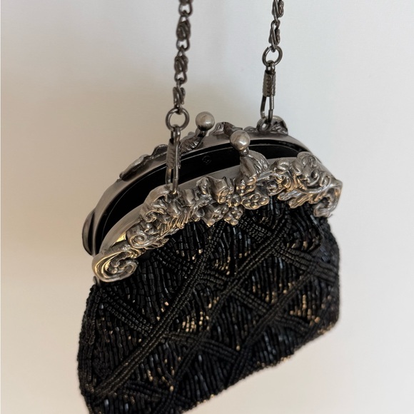 Vintage Black Beaded Evening Bag Ornate Silver Tone Frame Kiss Lock Clutch